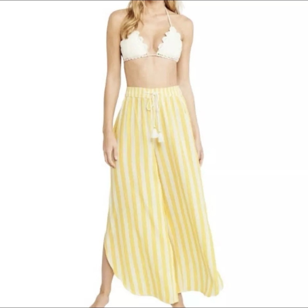 Abercrombie & Fitch Wide Leg Beach Pants Yellow White Stripe Split Leg Sz XS NWT
